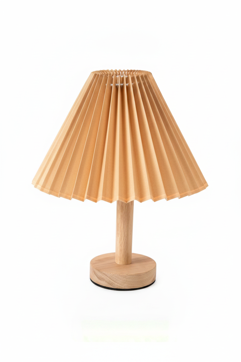 Small table lamp with pleated beige shade on a white background